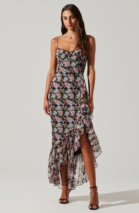 knee length dresses for ladies Manola Asymmetrical Floral Midi Dress – The TLB Boutique main image 0