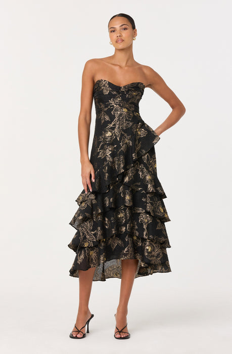 knee length dresses for ladies Tiered Metallic Floral Chiffon Halter Gown in Blue Multi