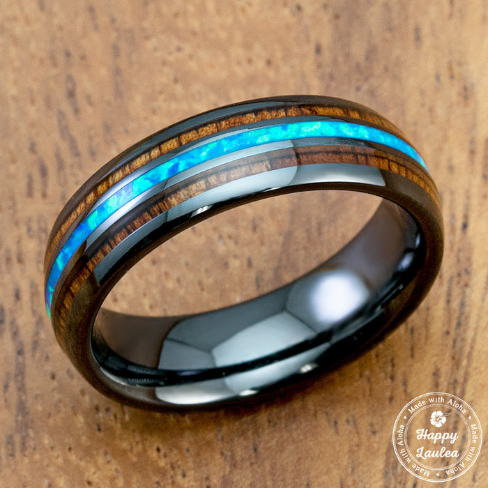 HI-TECH Black Ceramic Ring with Blue Opal & Koa Wood Tri-Inlay - 6mm,