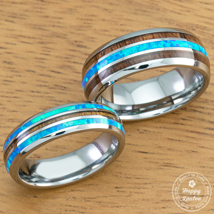 Pair of 6 & 8mm Width Tungsten Wedding Band Ring Set with Blue Opal an