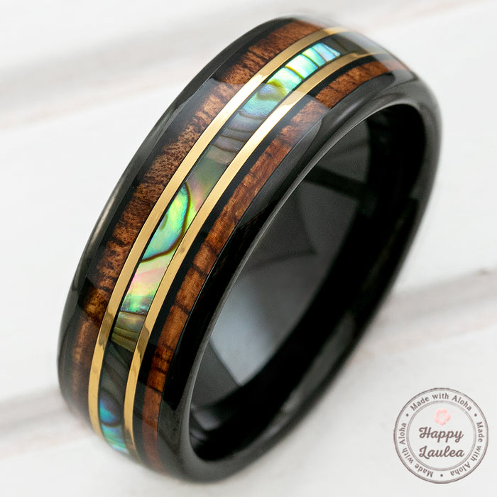 Black Tungsten with Gold Strip Ring with Abalone Shell & Hawaiian Koa