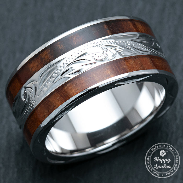 Sterling Silver 10mm Wide Width Hawaiian Jewelry Ring with Hawaii Koa