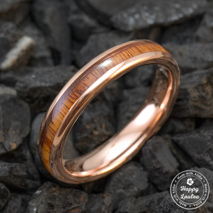 Rose Gold Ion Plated Tungsten Carbide Wedding Ring with Hawaiian Koa W