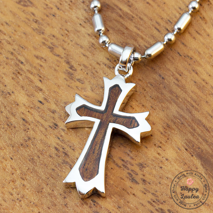 American Exchange Wood & Stainless Steel Silver/Brown Cross Pendant Necklace For Men