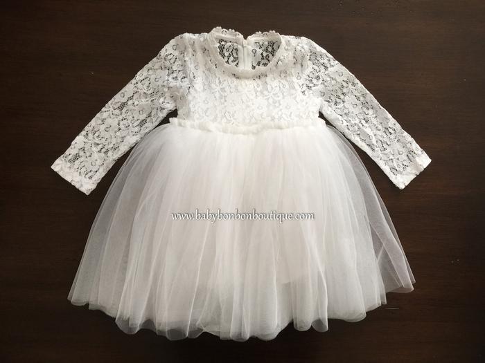 Long Sleeve Baptism Dress 0-3 Months / French White/Rhinestones & Pearls
