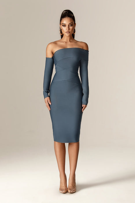 blue bodycon bandage dress Loren Short Sleeve Striped Bandage Dress
