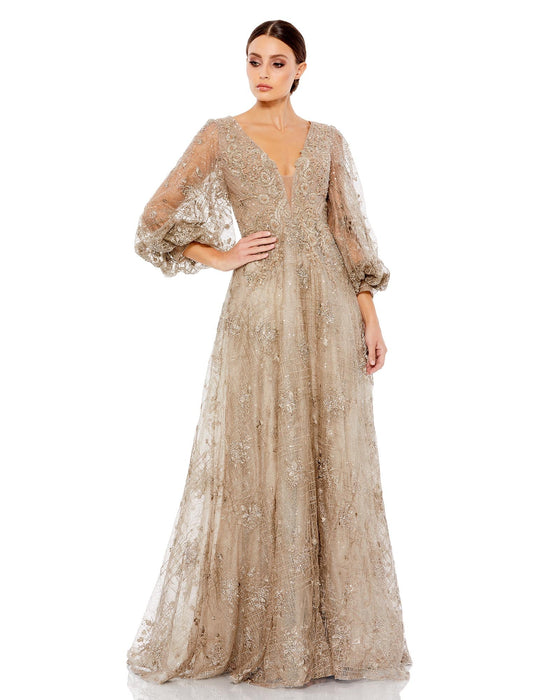 Mac Duggal - Embellished Plunge Neck Puff Sleeve A Line Gown - Mocha