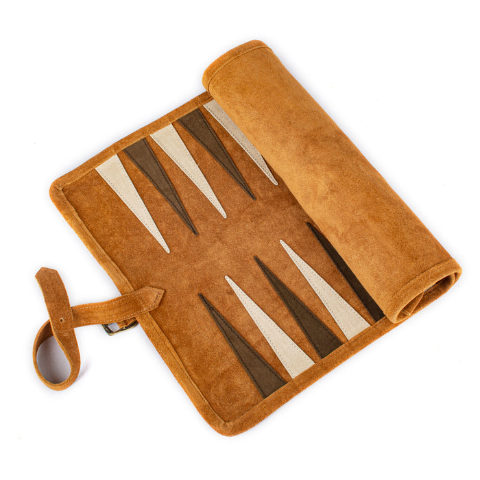 Premium Handcrafted Cinnamon Brown Suede Roll-Up Backgammon Set