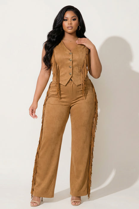 Women's Plus Size Morgan Tassel Top & Pants Set - Camel - Curvy Sense