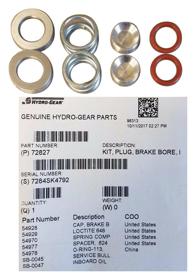 HYDRO GEAR 72827 Kit Plug Brake Bore Inboard - Genuine part