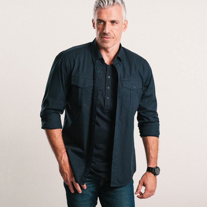 Men's Casual Band Collar Shirt in Black Cotton Jersey | Batch