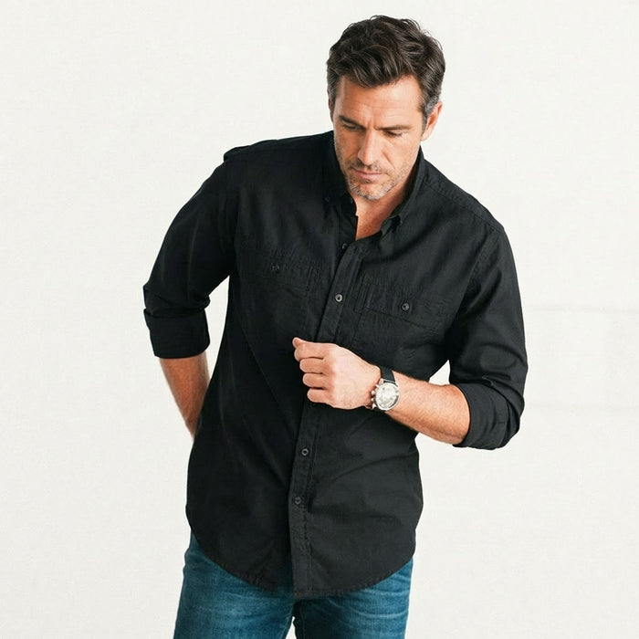 Men's Band Collar Button Down Shirt In Navy 100% Cotton Twill | Batch