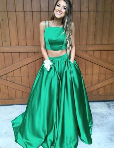 green two piece homecoming dress Square Neck Pockets Satin Prom knee length green homecoming dress