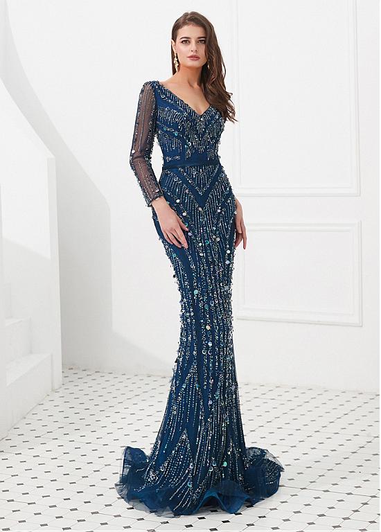 knee length dresses for ladies Navy Sequin Off The Shoulder Long Sleeves Mermaid Prom Dresses,CP0154 US2 / Custom Color(Leaving A note)