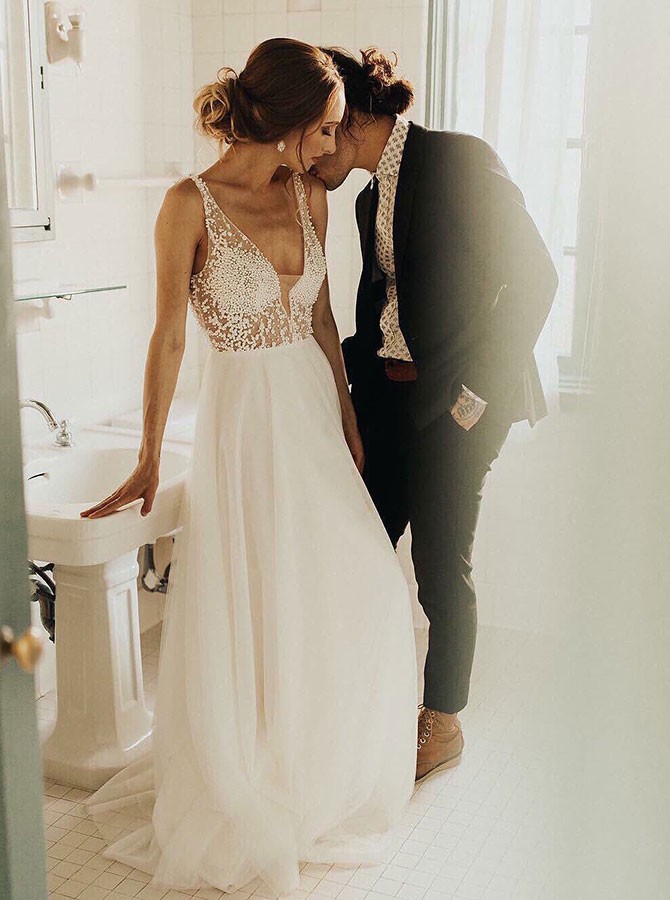 a line low cut wedding dress Duntery A-Line Applique Tulle Wedding Dress, As Picture main image 1