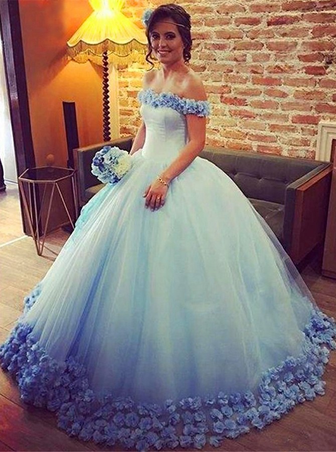 Shop Cheap Floor-Length Ball Gown Off-the-Shoulder Ombre Blue Quinceanera  Dress
