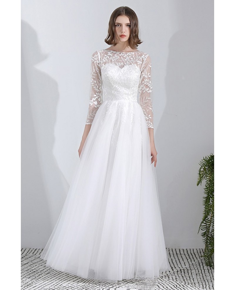 Shop Beach A Line Leaf Lace Long 3/4 Sleeves Tulle Wedding Dress from  ANNAKOO