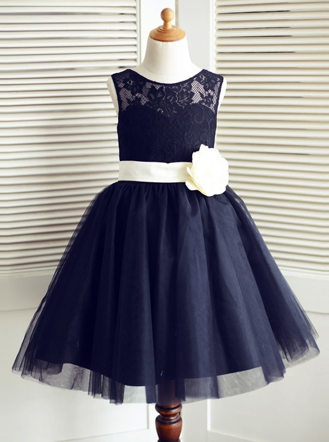 Jewel Navy Blue Flower Girl Dress with Bowknot